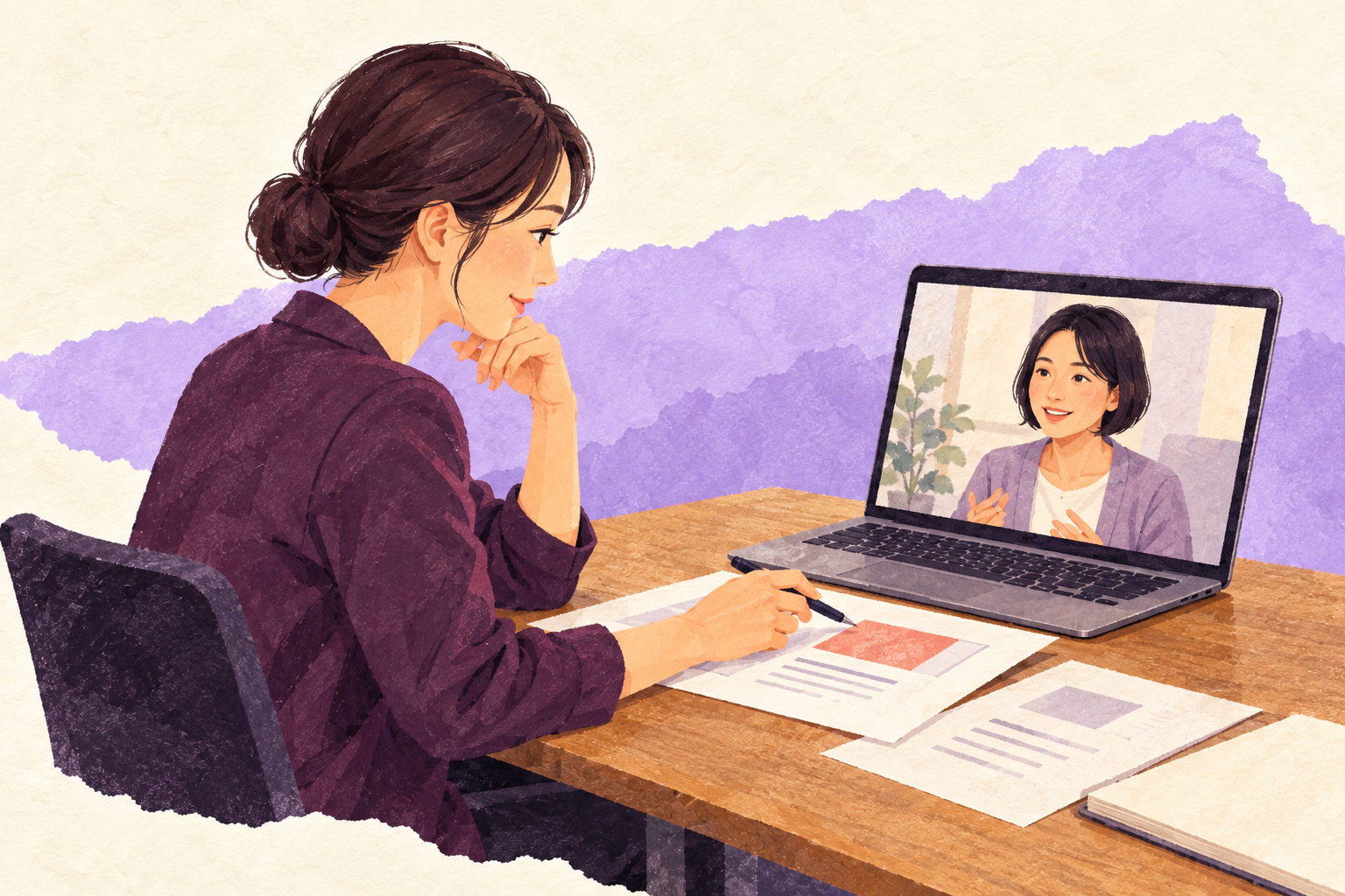 オンラインで相談しながら、会社説明の資料を見直すイメージ