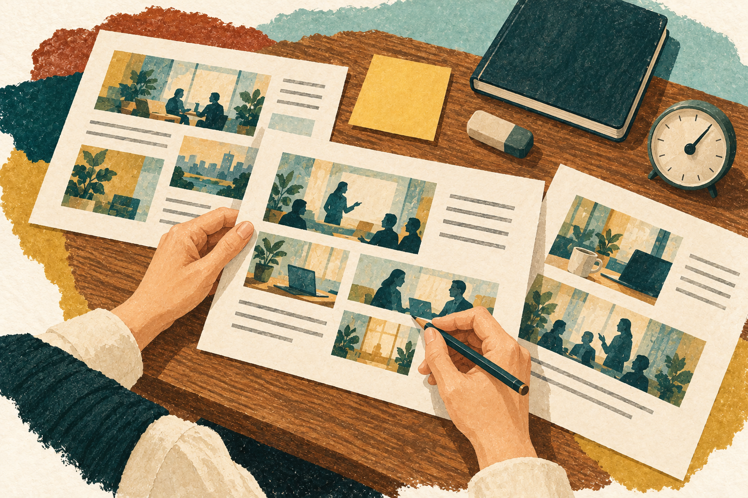 紙の資料に書き込み、会社説明の内容や順序を見直すイメージ